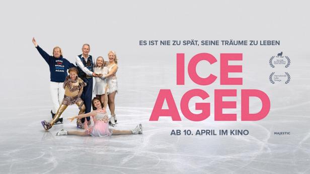 Das Filmplakat für „Ice Aged“ zeigt eine Gruppe von Eiskunstläufern unterschiedlichen Alters.