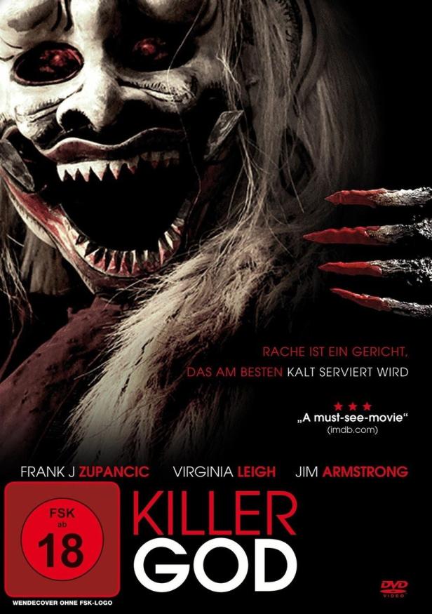 Das Filmplakat für „Killer God“ zeigt ein gruseliges Monster mit roten Augen und blutigen Händen.