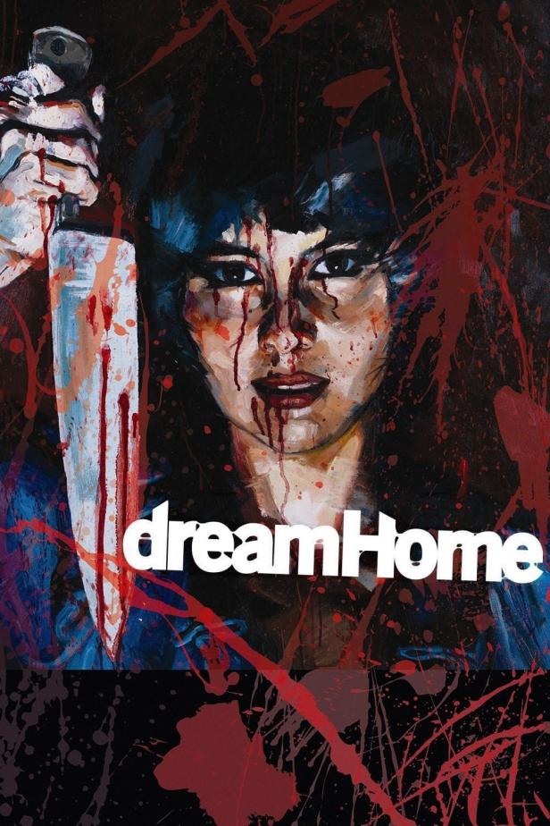 Das Filmplakat für „Dream Home“ zeigt eine Frau mit blutverschmiertem Gesicht und einem Messer.