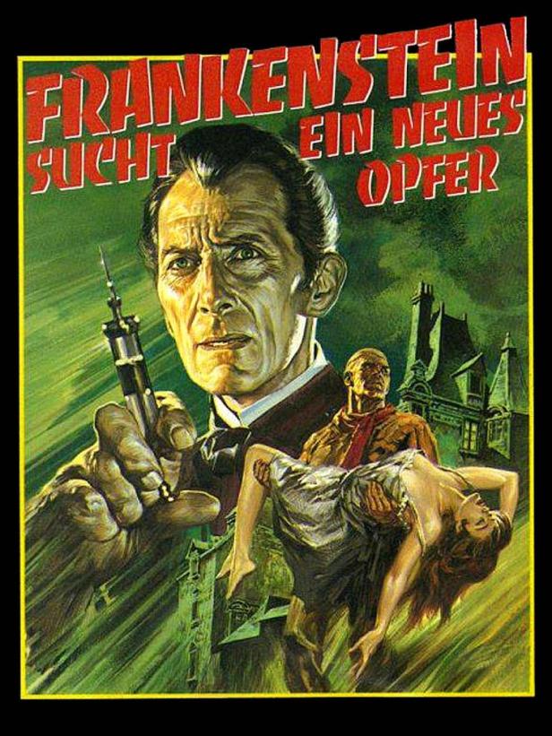 Das Filmplakat für „Frankenstein sucht ein neues Opfer“ zeigt den Wissenschaftler mit einer Spritze.