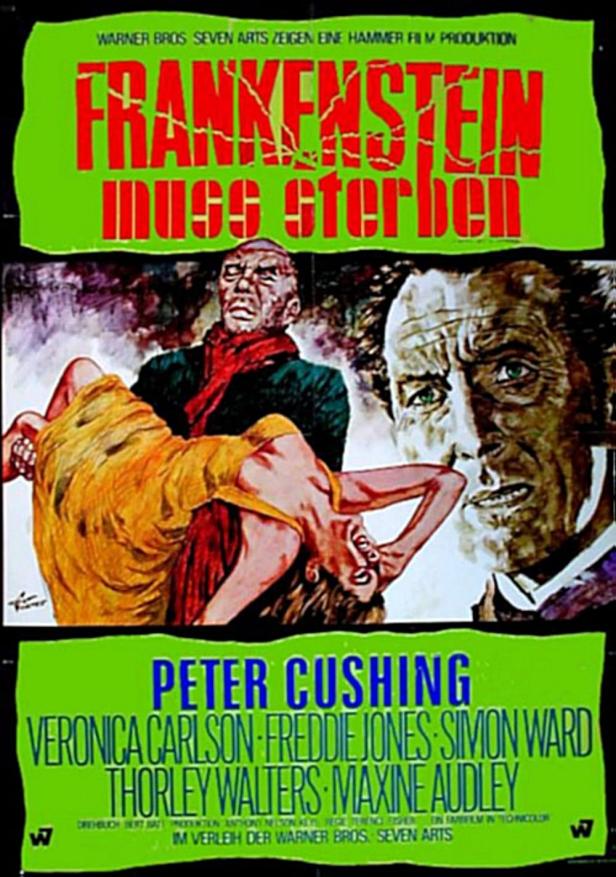 Das Filmplakat für „Frankenstein muss sterben“ zeigt Peter Cushing und das Monster.