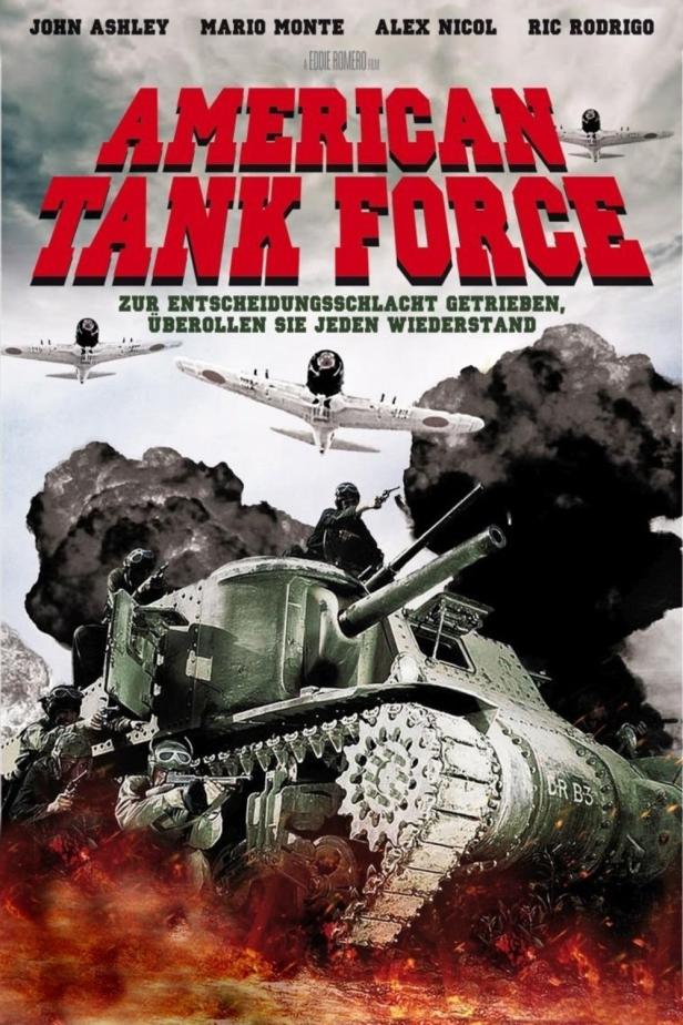 Das Filmplakat für „American Tank Force“ zeigt einen Panzer im Kampf mit Flugzeugen.