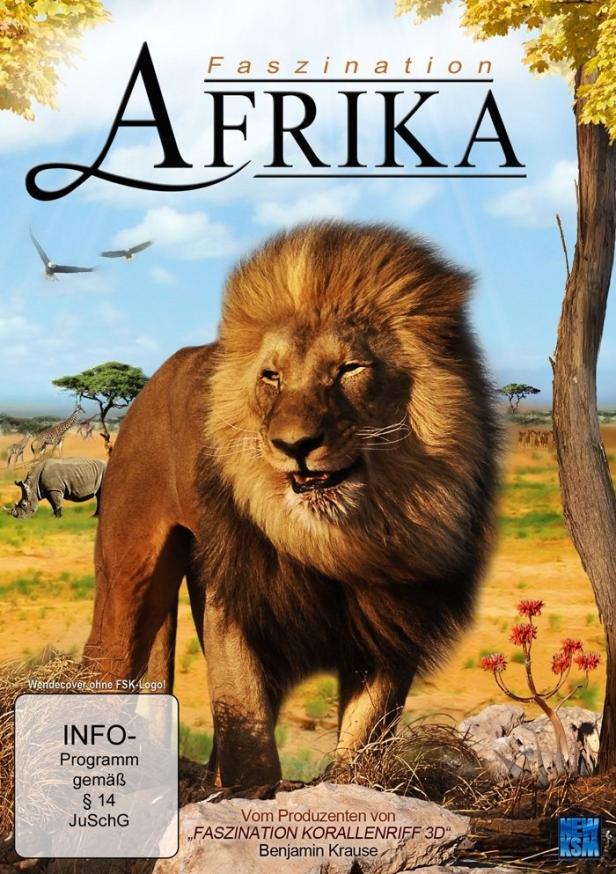 Das Cover der Dokumentation „Faszination Afrika“ zeigt einen Löwen in der afrikanischen Savanne.