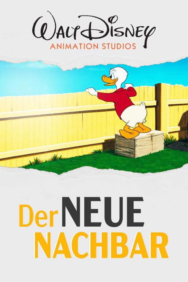 Das Filmplakat für „Der Neue Nachbar“ mit Donald Duck vor einem gelben Zaun.