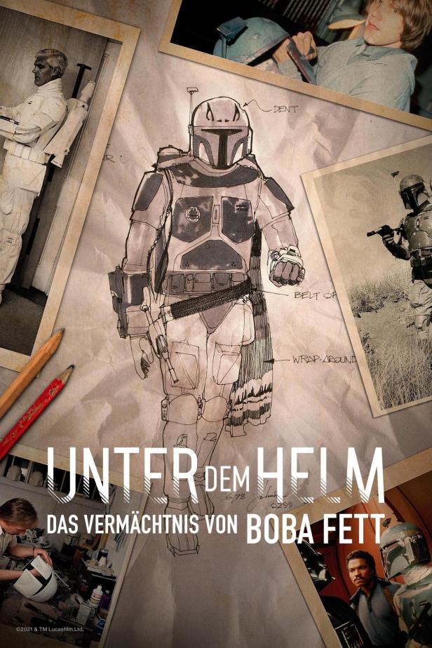Eine Konzeptzeichnung von Boba Fetts Rüstung, umgeben von Fotos und Skizzen.