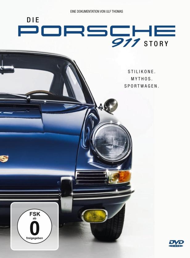 Das Cover der DVD „Die Porsche 911 Story“ mit einem blauen Porsche 911 im Vordergrund.