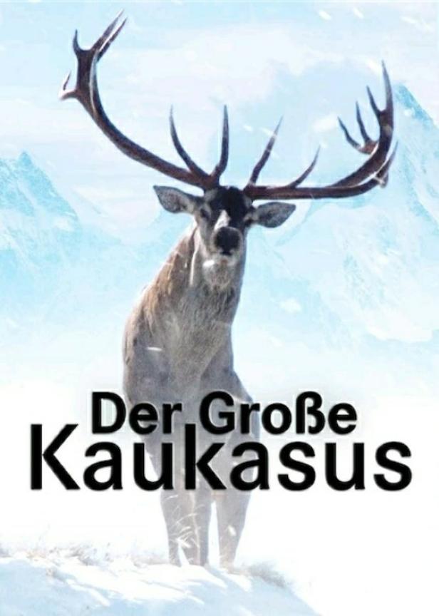 Ein Hirsch steht im Schnee vor einer Bergkulisse. Auf dem Bild steht „Der Große Kaukasus“.