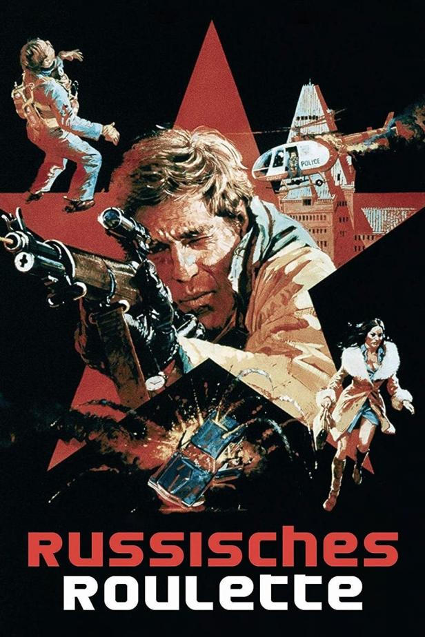 Ein Mann zielt mit einem Gewehr auf dem Filmplakat zu „Russisches Roulette“.