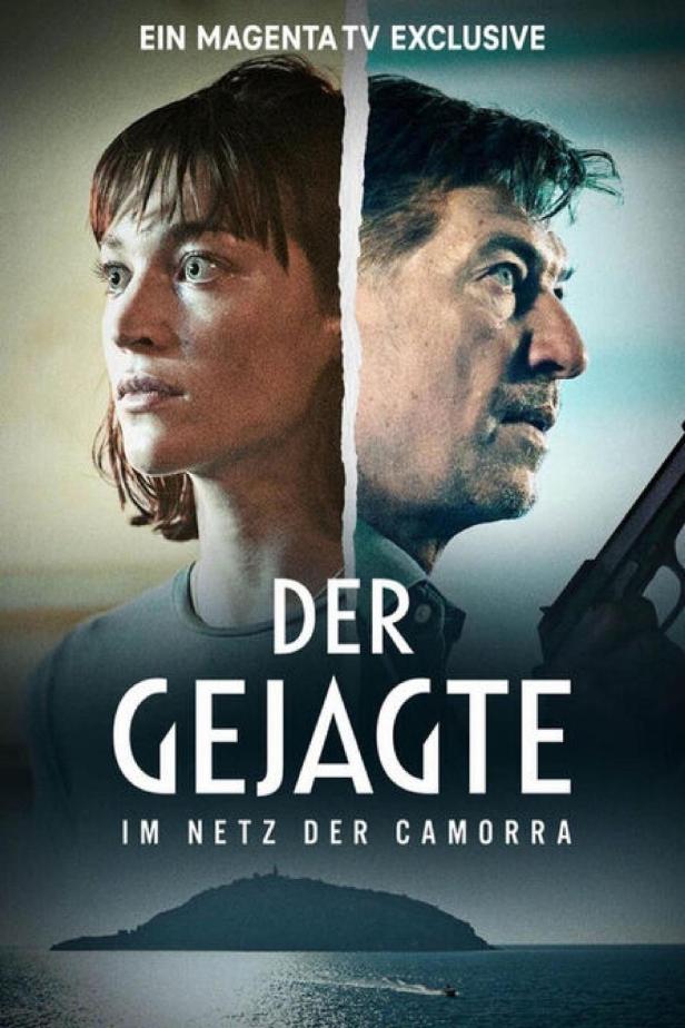 Das Filmplakat für „Der Gejagte: Im Netz der Camorra“ zeigt eine Frau und einen Mann mit einer Waffe.