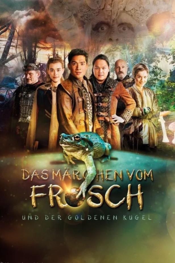 Das Filmplakat zu „Das Märchen vom Frosch und der goldenen Kugel“ zeigt einen Frosch und mehrere Darsteller.
