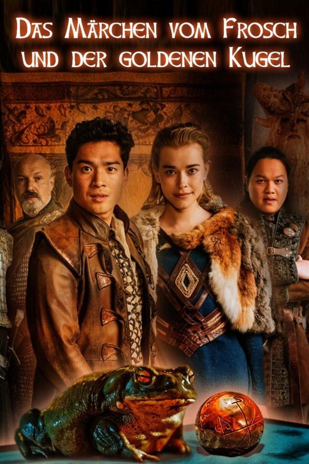 Das Filmplakat für „Das Märchen vom Frosch und der goldenen Kugel“ zeigt den Frosch, die Kugel und vier Darsteller.
