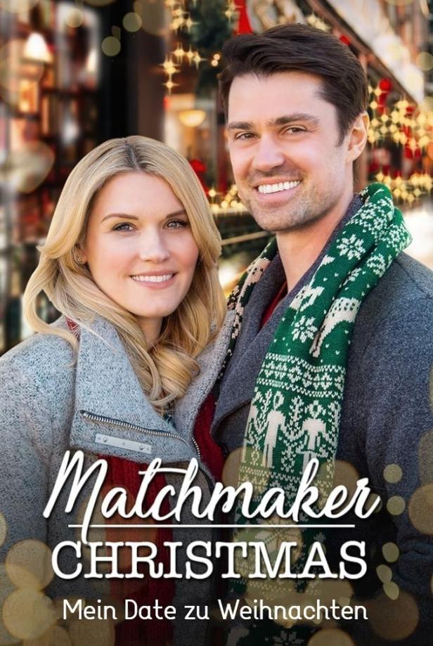 Das Filmplakat für „Matchmaker Christmas“ zeigt ein lächelndes Paar vor weihnachtlicher Kulisse.