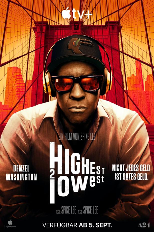 Das Filmplakat für „High Low“ mit Denzel Washington vor der Brooklyn Bridge.