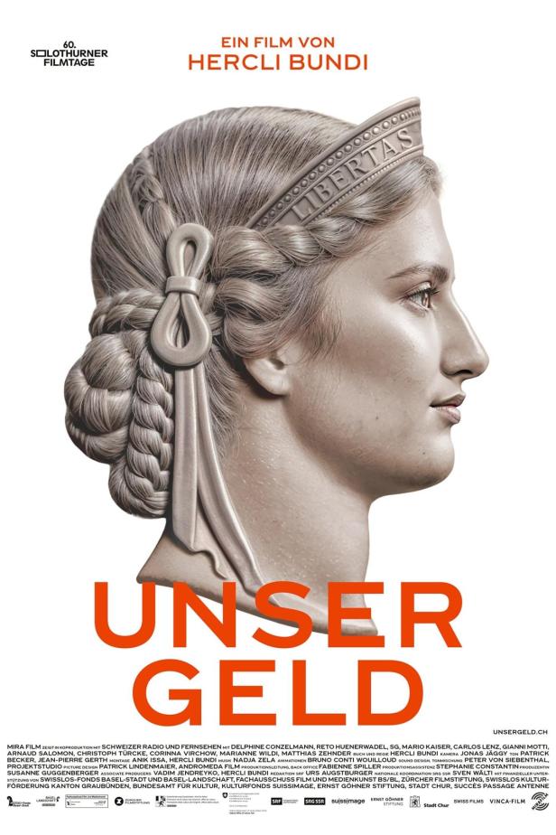 Das Filmplakat zeigt eine Skulptur einer Frau mit der Inschrift „Libertas“ im Haar.