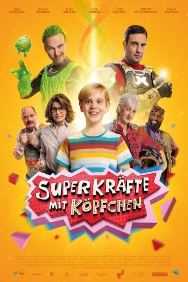 Das Filmplakat für „Superkräfte mit Köpfchen“ zeigt eine Gruppe von Schauspielern vor einem gelben Hintergrund.