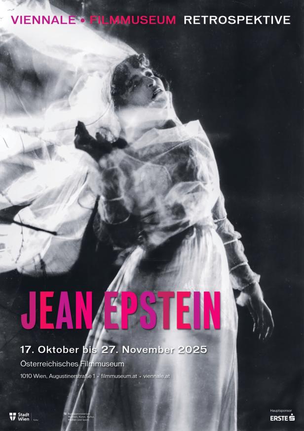 Viennale-Plakat zur Retrospektive 2025 über Jean Epstein zeigt Schwarz-Weiß-Foto von Frau mit wallendem Schleier.