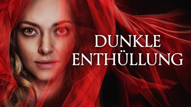 Das Gesicht einer Frau mit einem roten Schleier und dem Titel „Dunkle Enthüllung“.