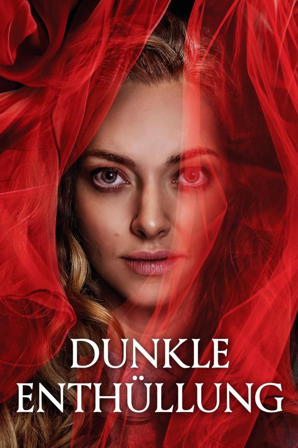 Das Filmplakat für „Dunkle Enthüllung“ zeigt das Gesicht von Amanda Seyfried, umrahmt von rotem Stoff.