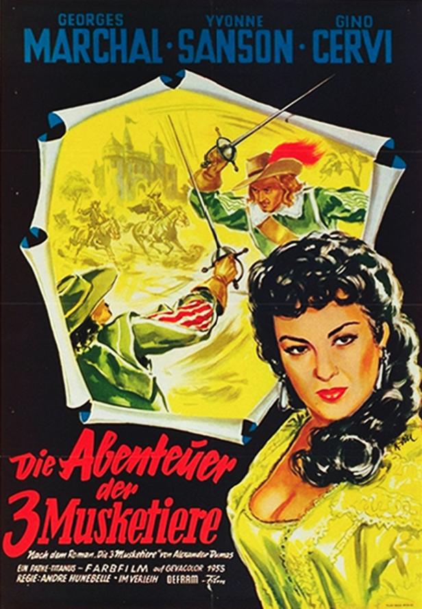 Filmposter für „Die Abenteuer der 3 Musketiere“ mit Yvonne Sanson und Fechtszenen.