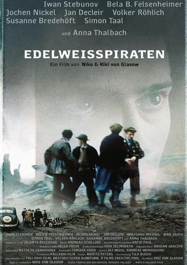 Das Filmplakat für „Edelweißpiraten“ zeigt eine Gruppe junger Menschen vor dem Hintergrund eines Gesichts.
