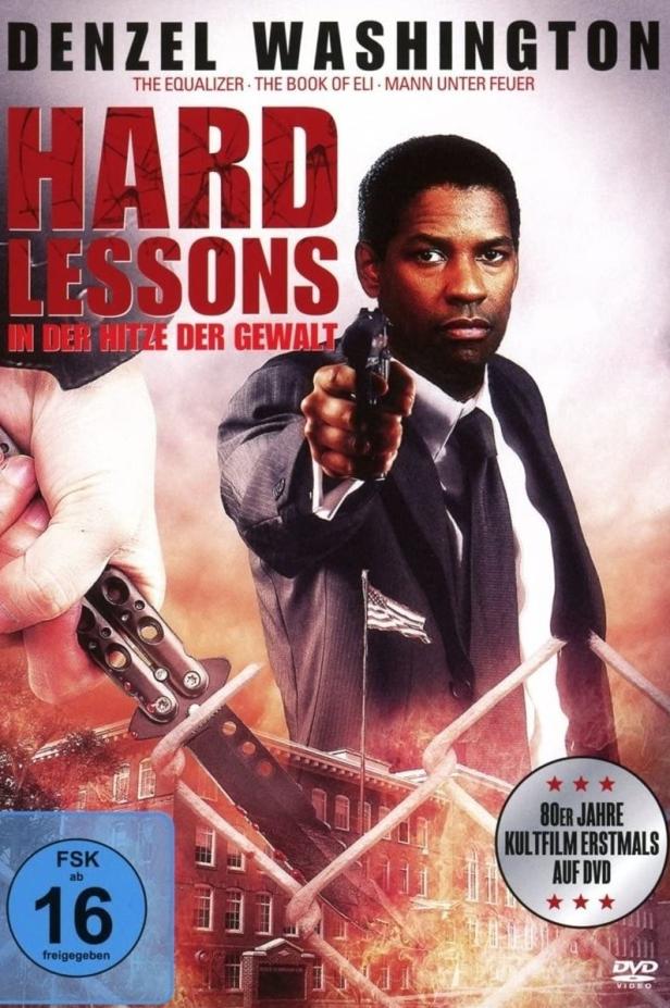 Das Cover des Films „Hard Lessons“ mit Denzel Washington, der eine Waffe hält.
