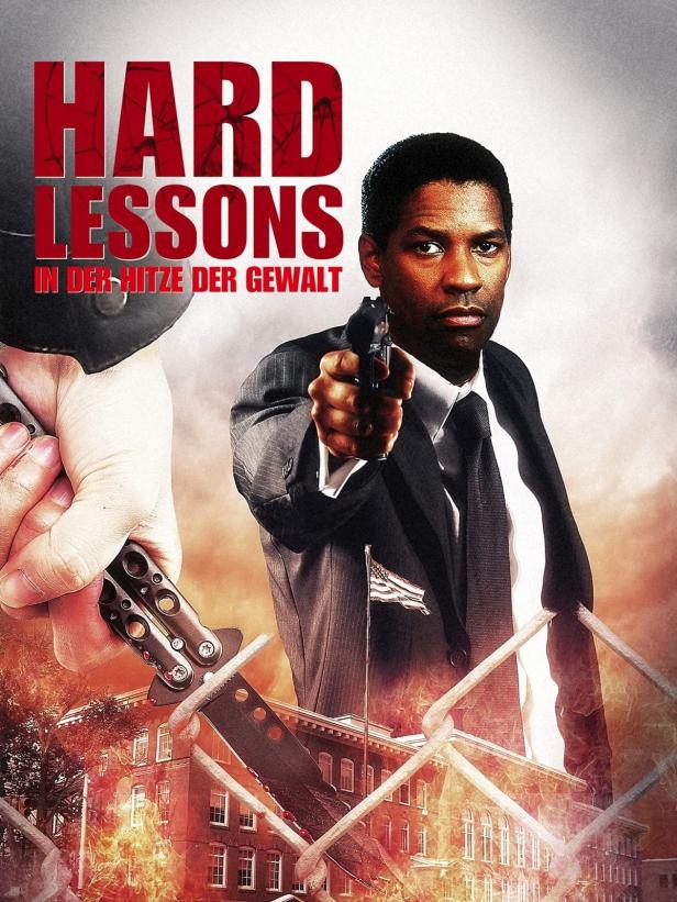 Das Filmplakat für „Hard Lessons“ zeigt Denzel Washington mit einer Waffe.