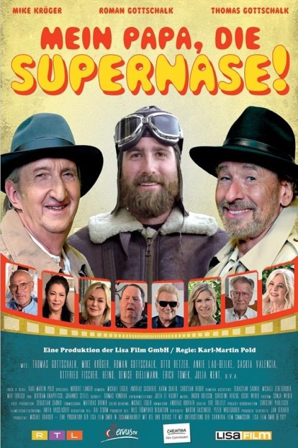 Das Filmplakat zu „Mein Papa, die Supernase!“ mit Mike Krüger, Roman Gottschalk und Thomas Gottschalk.