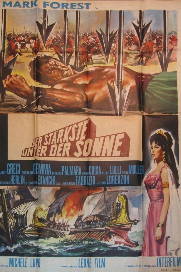 Das Filmplakat für „Der Stärkste unter der Sonne“ mit Mark Forest zeigt eine Schlacht und eine Frau im Kleid.