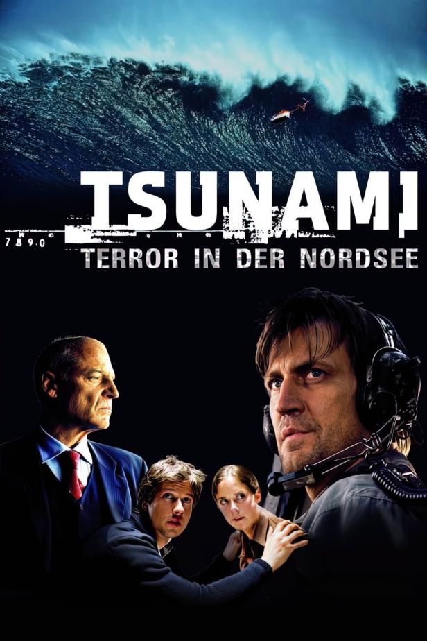 Das Filmplakat für „Tsunami: Terror in der Nordsee“ zeigt eine riesige Welle und mehrere besorgte Personen.