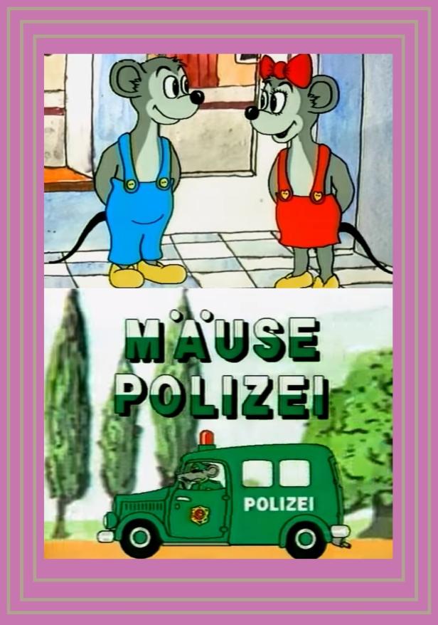 Szene aus der Zeichentrickserie „Mäusepolizei“ mit zwei Mäusen und einem Polizeiwagen.