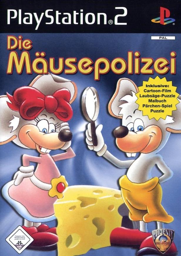 Das Cover des PlayStation 2-Spiels „Die Mäusepolizei“ mit zwei Cartoon-Mäusen und einem Käsestück.