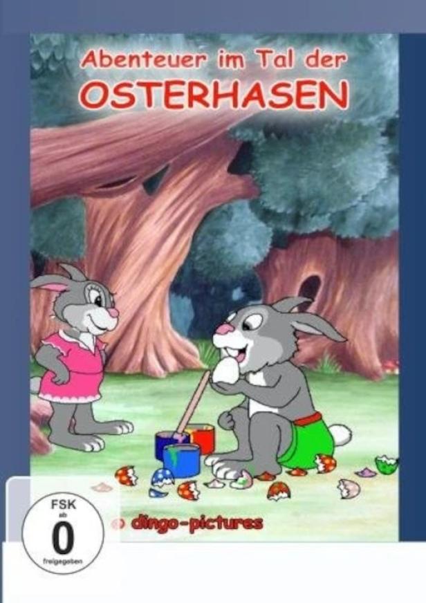 Cover des Films „Abenteuer im Tal der Osterhasen“ mit zwei Hasen beim Eier bemalen.