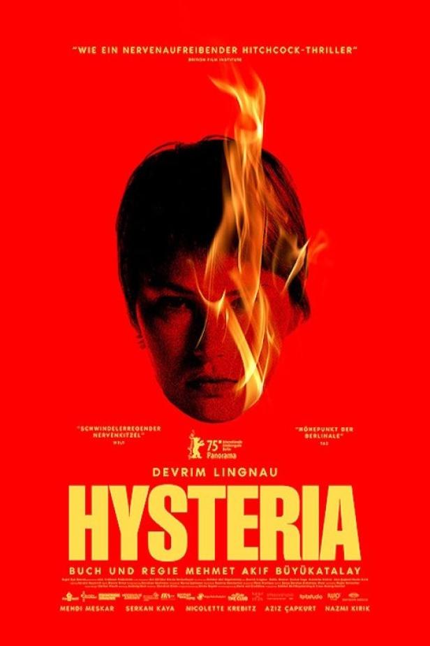 Das Filmplakat für „Hysteria“ zeigt ein Gesicht, das teilweise von Flammen bedeckt ist.