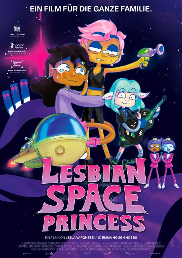 Das Filmplakat für „Lesbian Space Princess“ zeigt vier animierte Figuren und ein Raumschiff vor einem Sternenhimmel.