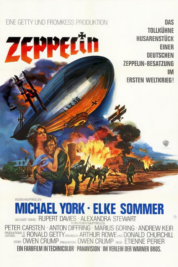Das Filmplakat für „Zeppelin“ zeigt einen Zeppelin über einer Schlacht im Ersten Weltkrieg.