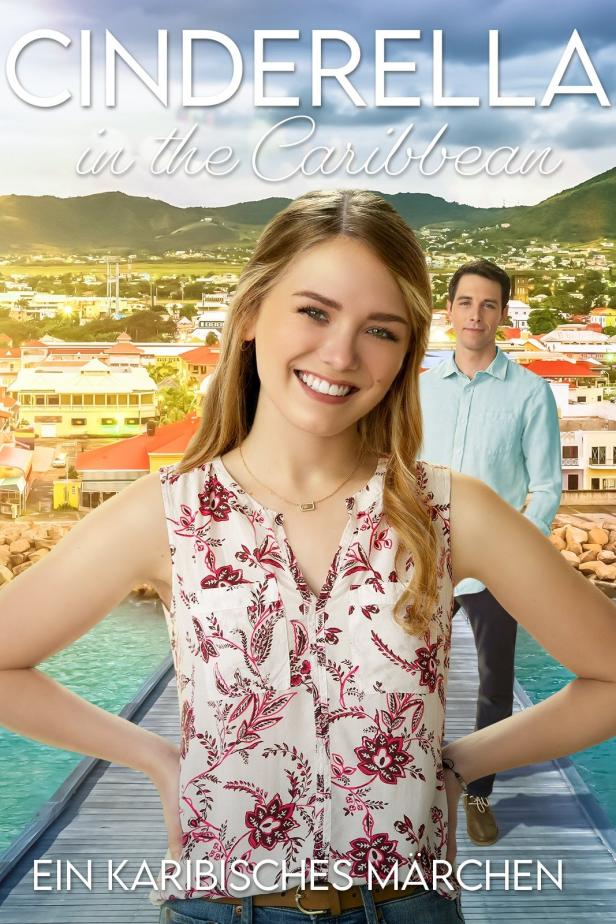 Das Filmplakat für „Cinderella in the Caribbean“ zeigt eine junge Frau und einen Mann vor einer karibischen Stadt.