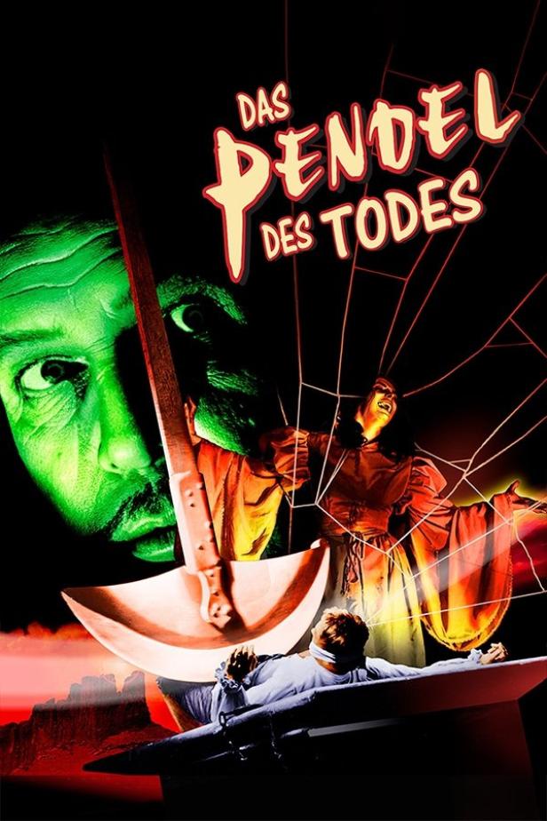 Das Filmplakat für „Das Pendel des Todes“ zeigt einen gefesselten Mann unter einer Pendelklinge.