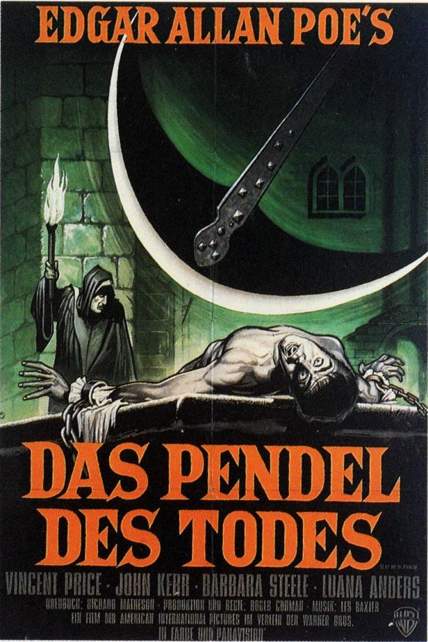 Das Filmplakat zu Edgar Allan Poes „Das Pendel des Todes“ zeigt einen gefesselten Mann unter einem Pendel.
