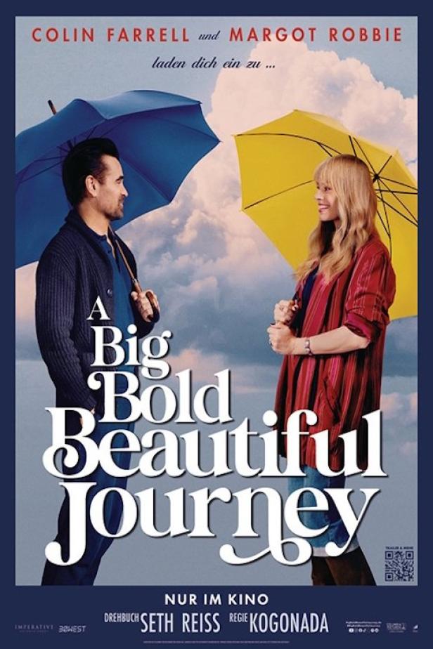 Das Filmplakat für „A Big Bold Beautiful Journey“ mit Colin Farrell und Margot Robbie unter Regenschirmen.