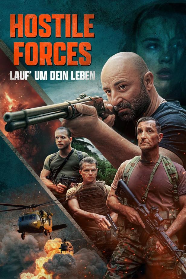 Das Filmplakat für „Hostile Forces“ zeigt bewaffnete Männer und einen Hubschrauber vor Explosionen.