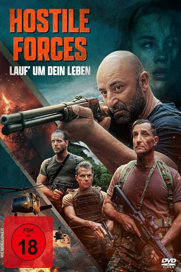 Das Cover des Films „Hostile Forces: Lauf' um dein Leben“ zeigt bewaffnete Männer und einen Hubschrauber.