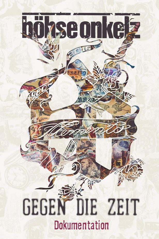 Das Cover der Dokumentation „Gegen die Zeit“ von Böhse Onkelz zeigt eine Collage aus Bildern und Schriftzügen.