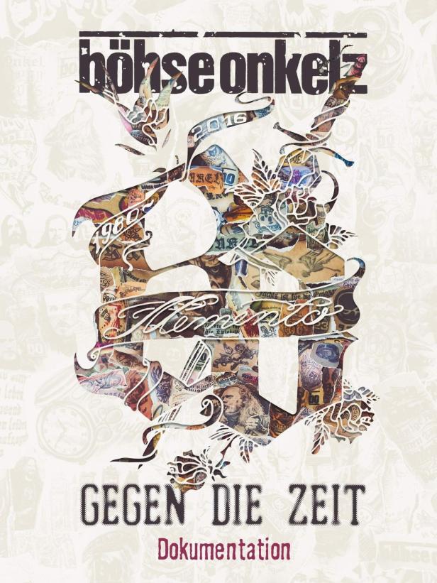 Das Cover der Dokumentation „Gegen die Zeit“ von den Böhsen Onkelz zeigt eine Collage mit dem Bandlogo.