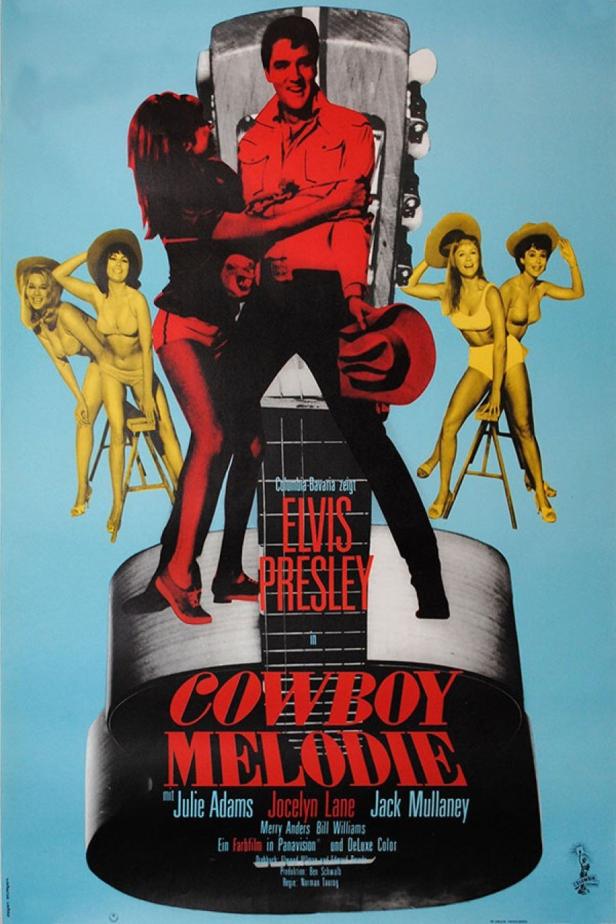 Das Filmplakat für „Cowboy Melodie“ mit Elvis Presley und mehreren Frauen.
