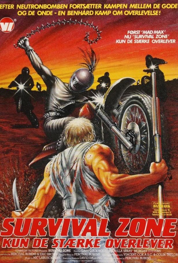Das Filmplakat für „Survival Zone“ zeigt bewaffnete Kämpfer und Motorräder in einer dystopischen Welt.