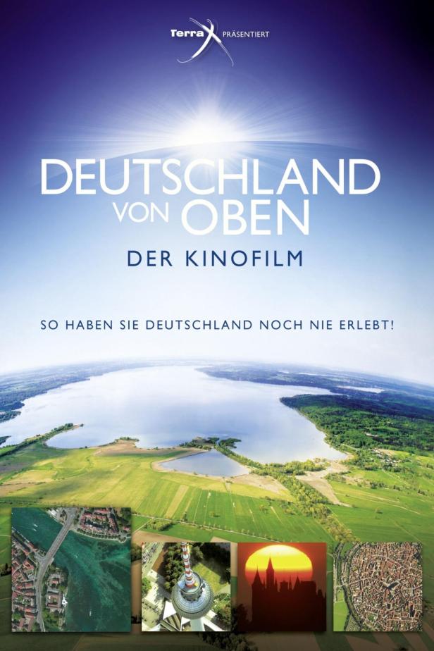Das Filmplakat für „Deutschland von Oben“ zeigt Luftaufnahmen von Landschaften und Städten.