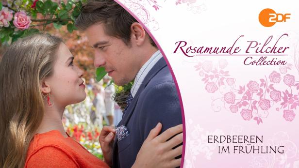 Ein Paar steht kurz vor einem Kuss, im Hintergrund das Logo der „Rosamunde Pilcher Collection“.