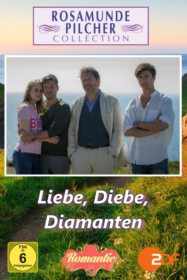 Das Cover von Rosamunde Pilchers „Liebe, Diebe, Diamanten“ zeigt vier Personen an der Küste.