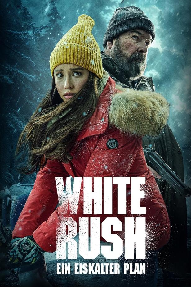 Das Filmplakat für „White Rush“ zeigt eine junge Frau und einen älteren Mann im verschneiten Gelände.