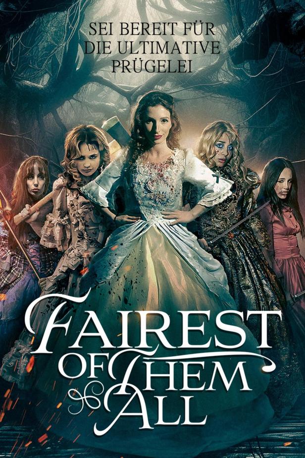 Das Filmplakat für „Fairest of Them All“ zeigt fünf Frauen in Ballkleidern, die Waffen tragen.